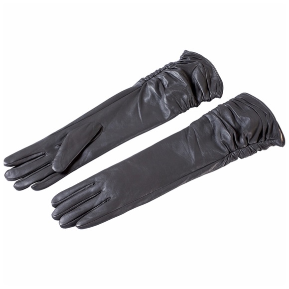 Gray Leather Ruched Cashmere Lined Gloves - Picture 4 of 7